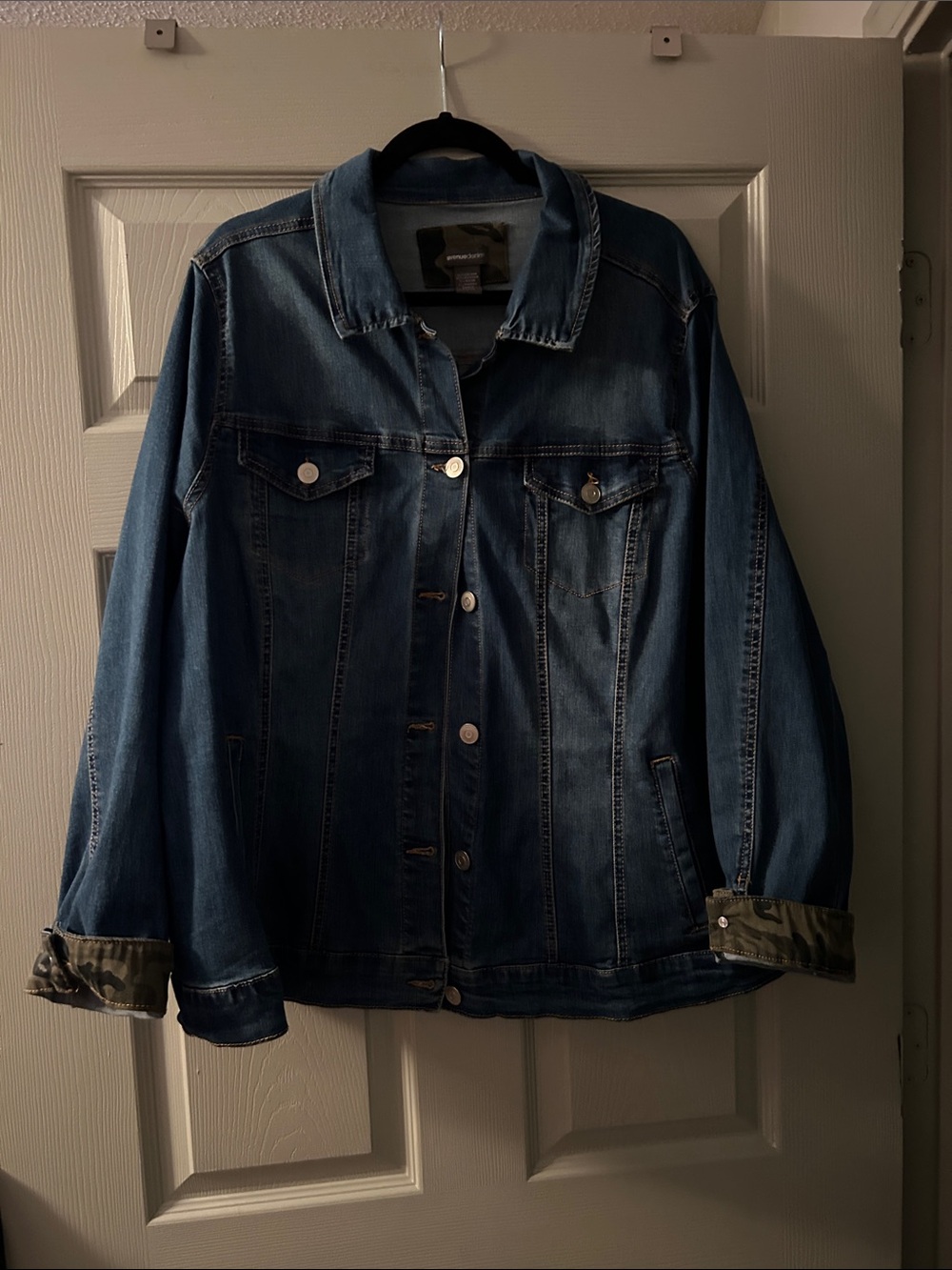 Avenue Blue Denim Jacket with Camo Cuff Accents